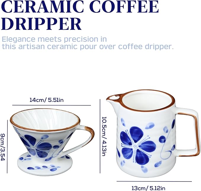 Ceramic Pour Over Coffee Dripper Set, Porcelain Pourover Coffee Dripper for 1–4 Cups, V60 (White & Blue)