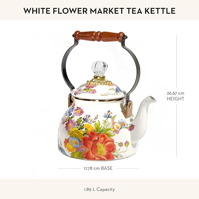 MACKENZIE-CHILDS Enamel Tea Kettle, Stylish Tea Kettle for Stovetop, White Flower Market, 2 Quarts