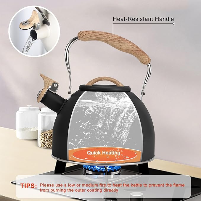 Tea Kettle, Vegoran 100 OZ / 3 Liter Whistling Tea Kettle, Tea Pots for Stove Top Food Grade Stainless Steel with Wood Pattern Folding Handle, Loud Whistle Kettle for Tea, Coffee, Milk (Black)