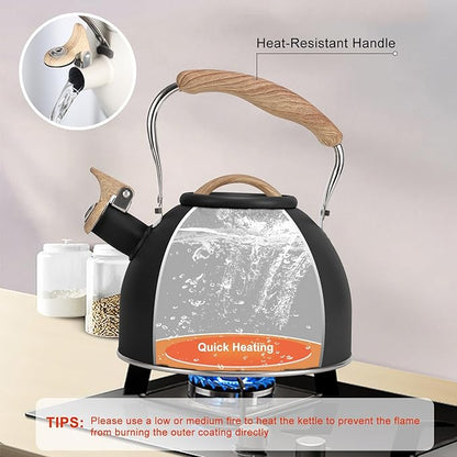 Tea Kettle, Vegoran 100 OZ / 3 Liter Whistling Tea Kettle, Tea Pots for Stove Top Food Grade Stainless Steel with Wood Pattern Folding Handle, Loud Whistle Kettle for Tea, Coffee, Milk (Black)