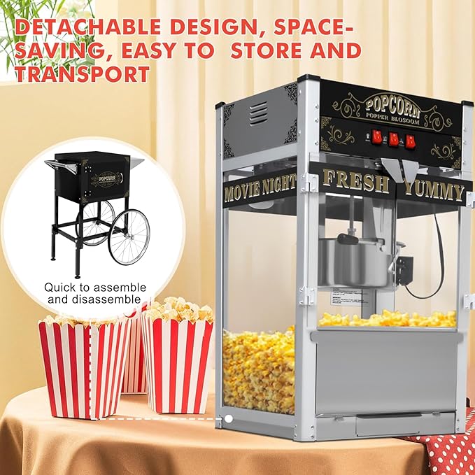 Commercial Popcorn Machine with Cart, Wheels & 20 Oz Kettle, Popcorn Maker Machine Vintage Style Movie Theater Popcorn Popper Machine for Parties, Events, Commercial, and Home Theater