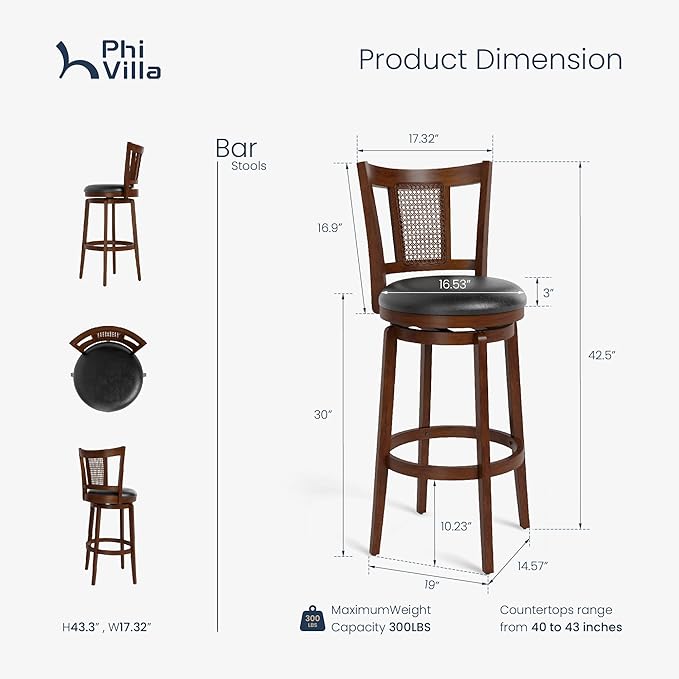 PHI VILLA 30 inch Bar Height Stools Set of 2,Swivel Wooden Barstools Tall Upholstered Faux Leather Barstool with Back,Vintage Bar Height Chairs,Kitchen Stools