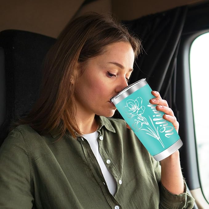 Personalized Tumbler with Name & Birth Flower Month, Custom Coffee Tumbler Stainless Steel Travel Mug Cup 20 Oz Personalized Gifts for Birthday Christmas Anniversary for Dad Mom Kids