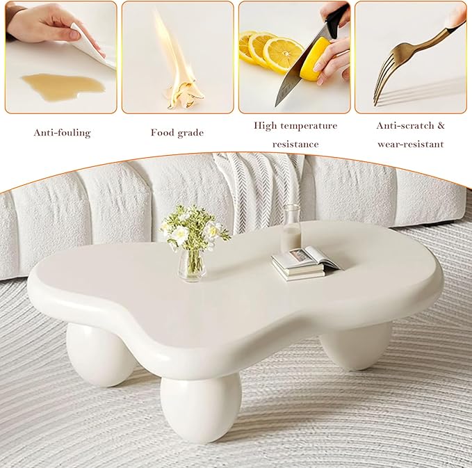 Stylish Irregular Cloud Coffee Table Mid-Century White Low Center Table - 3 Stable Ellipsoid Leg, for Living Room Bedroom Lounge (E-39.37in)