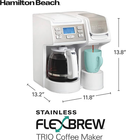Hamilton Beach FlexBrew Trio 2-Way Coffee Maker, Compatible with K-Cup Pods or Grounds, Single Serve & Full 12c Pot, White with Stainless Steel Accents, Fast Brewing