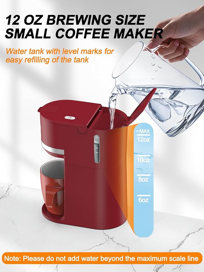 Single Serve Coffee Maker for K-Cup and Ground Coffee, Fast Brew, 6-12 oz Brew Sizes One Cup Coffee Machine Fits 5.5" Mugs, One-Button Small Coffee Maker with Descaling Reminder, Red