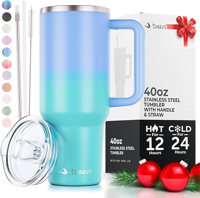 40 oz Tumbler With Handle and Straw Made of Stainless Steel - Double Wall Vacuum Insulated Tumbler With Lid - Sweat Proof Easy Grip, BPA-Free, Dishwasher Safe Tumbler (Misty Blue)