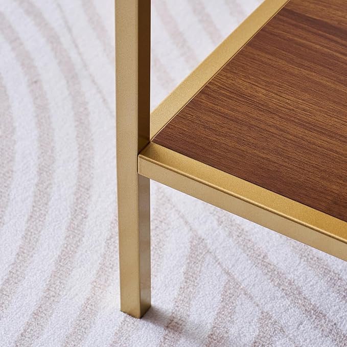 Glass Coffee Table for Living Room and Bedroom, 2-Tier Mid-Century Modern Table with Amber Tempered Glass Top and Walnut Finish Wood Shelf, Metal Legs with Gold Finish