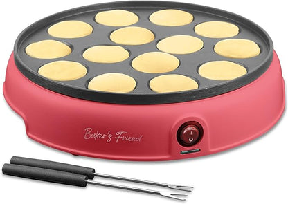 Baker's Friend Mini Pancakes Maker Machine, Dutch Mini Pancake Griddle, 14 Holes Electric Poffertjes Pan, Ideal for Breakfast, Snacks, Desserts & More, Red
