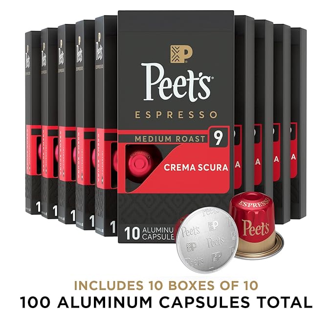 Peet's Coffee, Medium Roast Espresso Capsules, Compatible with Nespresso Original Machine - Crema Scura Intensity 9, 100 Count (10 Boxes of 10 Espresso Capsules)