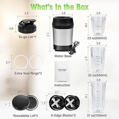 Nahida Blender for Smoothies, 1200W Smoothie Blender for Ice Crushing, Blenders with (2) 6-Fin Blades, Personal Blenders for Kitchen with 23oz, 32oz, 37oz Easy Go Cups for Juices, Silver