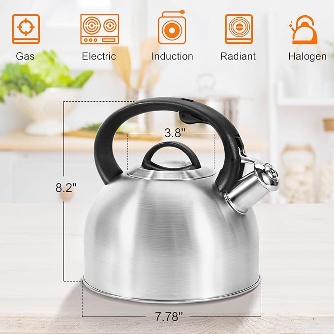 Whistling Stovetop Tea Kettle, 3L Food-Grade 304 Stainless Steel Teapot, Ergonomic Handle,Hot Water Quick Boil,All Metal Stove Kettle Rust Resistant and Durable,With Anti-Scald Towel(Silver)
