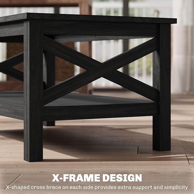 HOMCOM Glass Coffee Table, Modern Farmhouse Center Table with Storage, Side Table for Living Room with Classic X-Bar Style Sides, Black