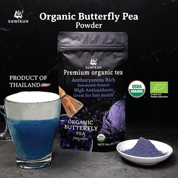 Suwirun Organic Butterfly Pea Powder 4oz – Natural Blue Tea & Superfood – Perfect for Color-Changing Drinks, Baking & Lattes – Premium Thai Herb