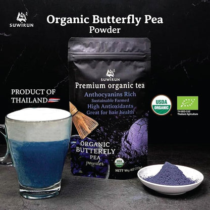 Suwirun Organic Butterfly Pea Powder 4oz – Natural Blue Tea & Superfood – Perfect for Color-Changing Drinks, Baking & Lattes – Premium Thai Herb
