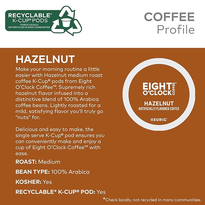 Eight O'Clock Coffee Hazelnut Single-Serve Keurig K-Cup Pods, Medium Roast Coffee Pods, 32 Count