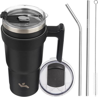 20 oz Tumbler with Handle and 2 Straw 2 Lid, Insulated Water Bottle Stainless Steel Vacuum Cup Reusable Travel Mug,Black