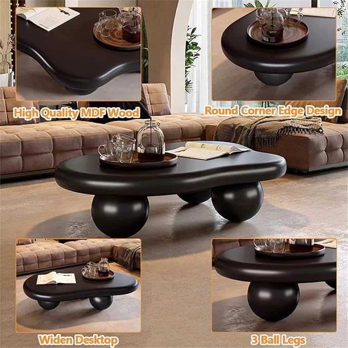 Cute Cloud Coffee Table, Modern Coffee Tables for Living Room, Easy Assembly, Round Edge Irregular Tea Table End Table, Funky Contemporary Low Coffee Table for Bedroom (Black Cloud, L41)