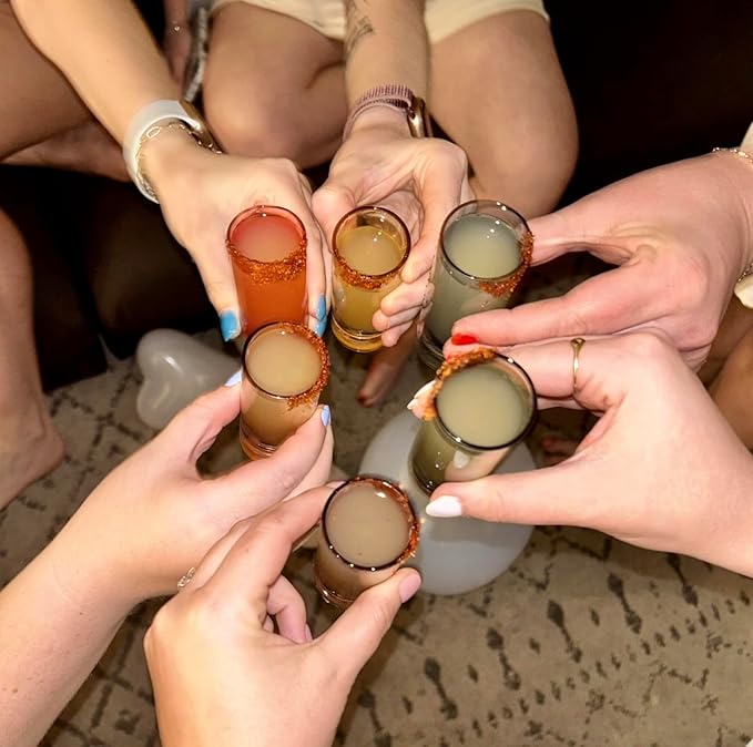 Saludi Colored Shot Glasses, 2oz (Set of 6) Multi-Color Glass with Wood Paddle - Luxury, Durable, Hand-Blown, Cute, Cool, Pink, Christmas, Rainbow, Unique, Tequila