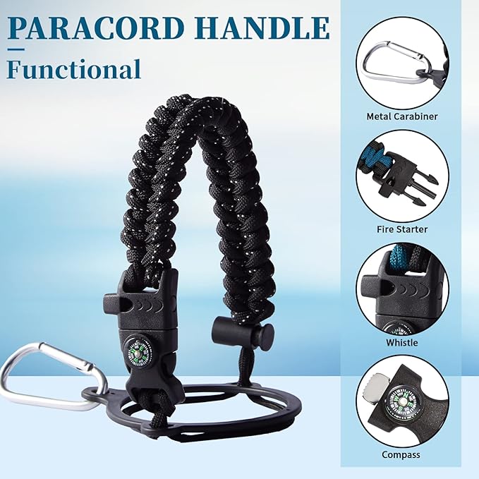 Water Bottle with Straw - 40 oz Stainless Steel Water Bottles, Big Water Jug Vacuum Insulated Waterbottle with Paracord Handle, Straw/Auto Spout Lid, Strap Sleeve, Metal Reusable Water Bottle Black