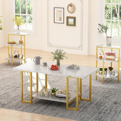 Lamerge Coffee Table Set of 3,Rectangle Coffee Table&2 Accent Table,Faux Marble Tabletop,3 Piece Living Room Table Sets with Multi Tier Storage, for Small Space, Apartment,White & Gold (LCTS-wg)