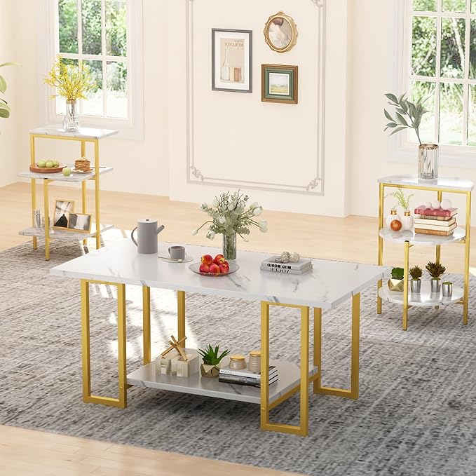 Lamerge Coffee Table Set of 3,Rectangle Coffee Table&2 Accent Table,Faux Marble Tabletop,3 Piece Living Room Table Sets with Multi Tier Storage, for Small Space, Apartment,White & Gold (LCTS-wg)