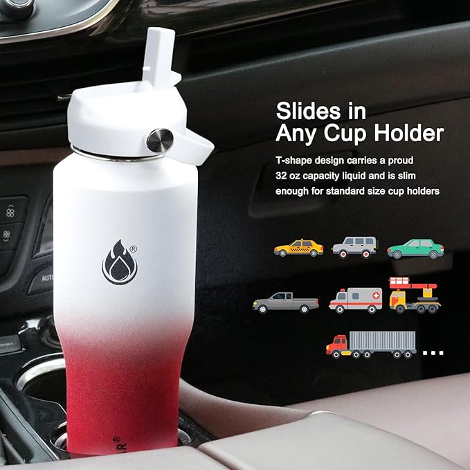 SENDESTAR 32oz Water Bottle Wide Mouth Stainless Steel Vacuum Insulated Double Wall with 2 Straw Lids Fit in Any Car Cup Holder TXIN-32-WR-1