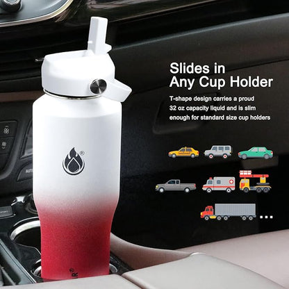 SENDESTAR 32oz Water Bottle Wide Mouth Stainless Steel Vacuum Insulated Double Wall with 2 Straw Lids Fit in Any Car Cup Holder TXIN-32-WR-1