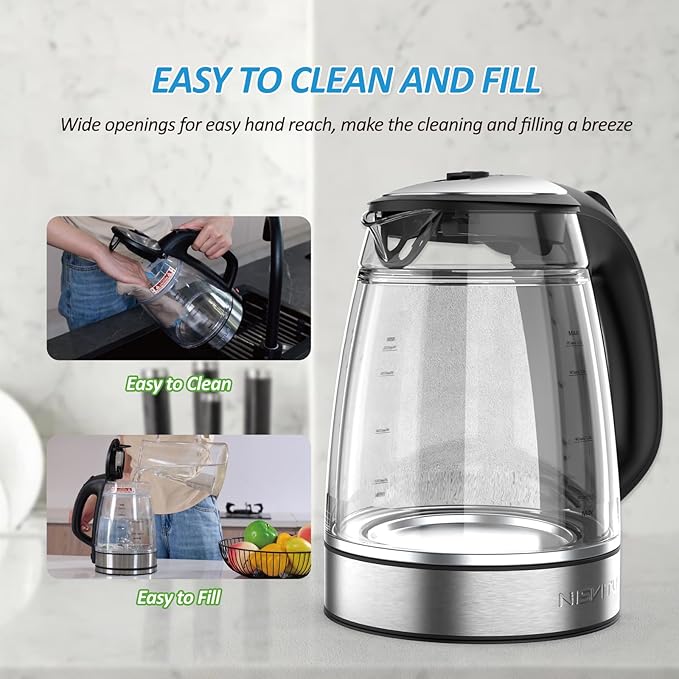 Glass & Stainless Steel Cordless Electric kettle for boiling water, Hot water boiler Electric Tea Kettle automatic shut off Boil-Dry Protection, PC Outer + Glass Inner, 1500W, 1.7L, BK