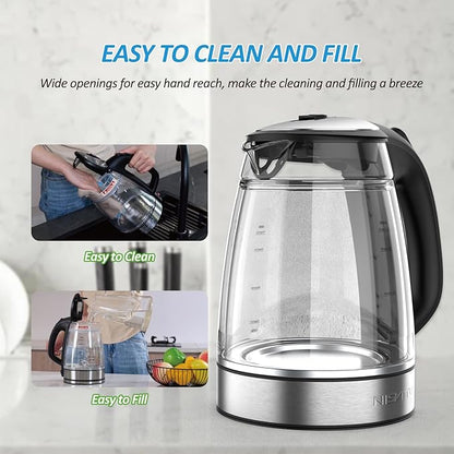 Glass & Stainless Steel Cordless Electric kettle for boiling water, Hot water boiler Electric Tea Kettle automatic shut off Boil-Dry Protection, PC Outer + Glass Inner, 1500W, 1.7L, BK