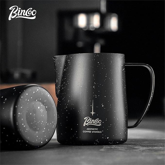 Bincoo Star Milk Frothing Pitcher 12oz,Espresso Steaming Pitcher,Espresso Machine Accessories,Milk Frother cup,Milk Coffee Cappuccino Latte Art,Stainless Steel Jug Cup.(Black 12oz)