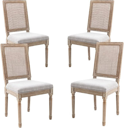 CIMOTA Farmhouse Dining Chairs Set of 4, French Rattan Dining Room Chairs with Rectangle Back/Distressed Wood Upholstered Vintage Side Chairs for Kitchen/Restaurant, Grey/4PCS