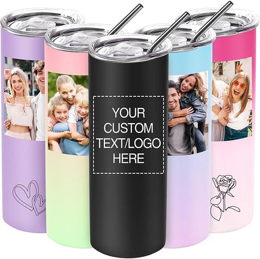 Personalized Tumbler with Picture, Custom Stainless Steel Skinny Tumbler with Logo Text, Personalized Cup Gifts for Women Men Birthday Christmas, Bulk Corporate Gifts
