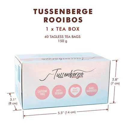 Tussenberge Organic Rooibos Tea Bags – Premium South African Red Bush Herbal Tea, Smooth & Full-Bodied Flavor, Naturally Caffeine-Free, 40 Tagless Tea Bags