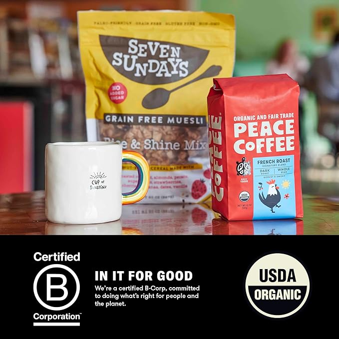 Peace Coffee French Roast | 5 lb Ground Dark Roast | Organic Fair Trade | Soft, Gentle Flavor | Shade Grown, Fresh Roasted