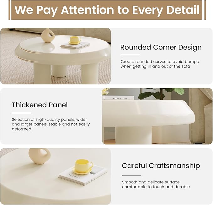 Round Coffee Table, White Cream Modern Center Table, Side Table for Living Room, Bedroom, Home Office, Small Space