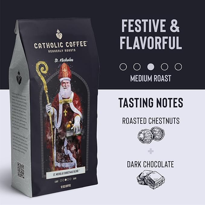 Catholic Coffee St. Nicholas Christmas Blend | Medium Roast Whole Bean Coffee – Roasted Chestnut & Dark Chocolate Notes | 12oz Bag – Festive Catholic Gift for the Holiday Season