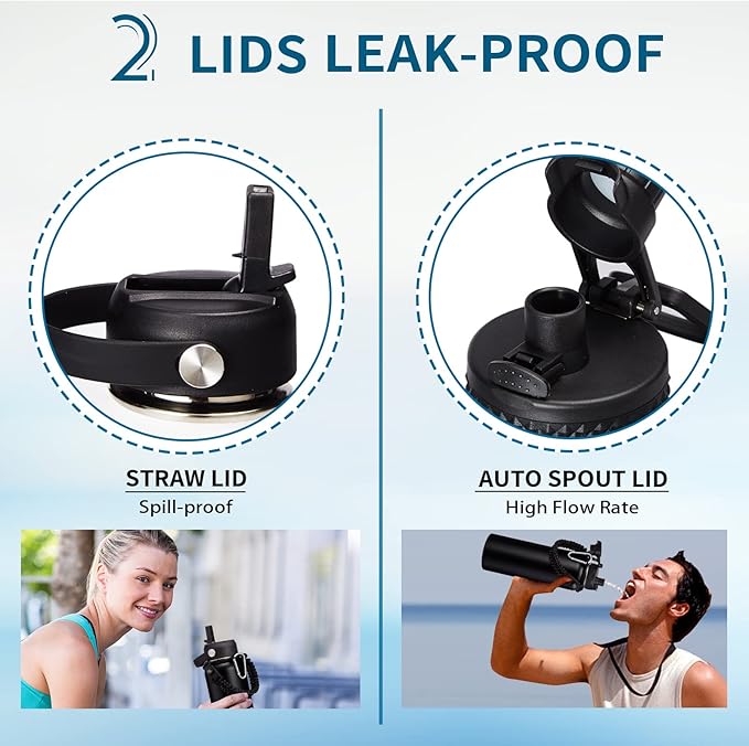 Water Bottle with Straw - 40 oz Stainless Steel Water Bottles, Big Water Jug Vacuum Insulated Waterbottle with Paracord Handle, Straw/Auto Spout Lid, Strap Sleeve, Metal Reusable Water Bottle Black