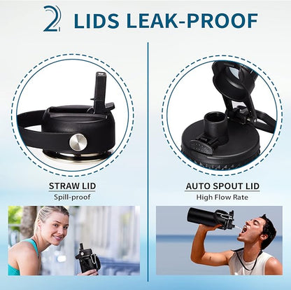 Water Bottle with Straw - 40 oz Stainless Steel Water Bottles, Big Water Jug Vacuum Insulated Waterbottle with Paracord Handle, Straw/Auto Spout Lid, Strap Sleeve, Metal Reusable Water Bottle Black