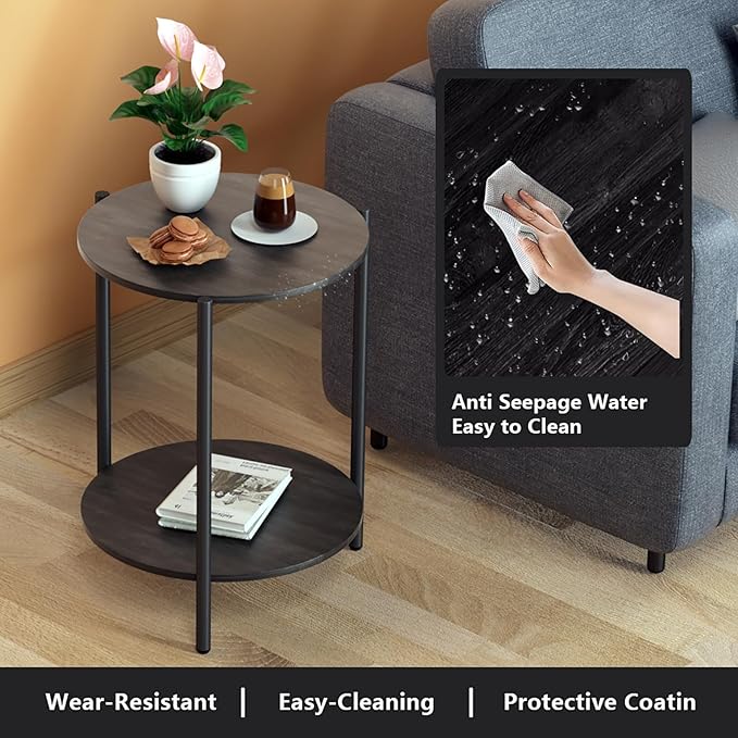 Round Side Table, 2-Tier Circle End Tables with Storage Wood Rustic 15.75" Small End Tables Farmhouse Side Table for Living Room Bedroom Balcony Small Spaces - Grey