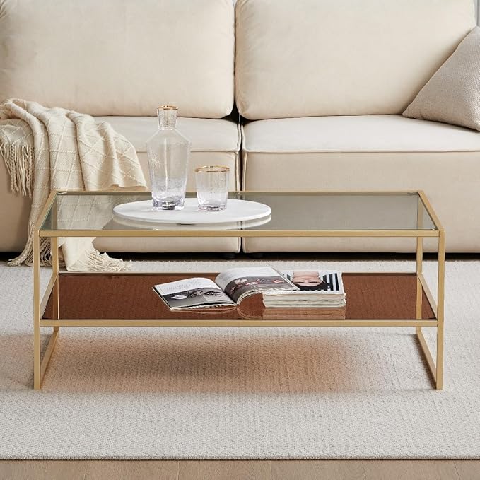 Shrine Glass Coffee Table, Dual-Layer Glass Coffee Table for The Living Room, Gold-Plated Metal Frame, Golden Hardware, Lower Tier with Tinted Glass