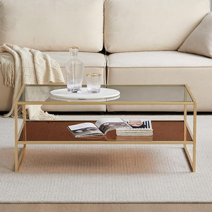 Shrine Glass Coffee Table, Dual-Layer Glass Coffee Table for The Living Room, Gold-Plated Metal Frame, Golden Hardware, Lower Tier with Tinted Glass