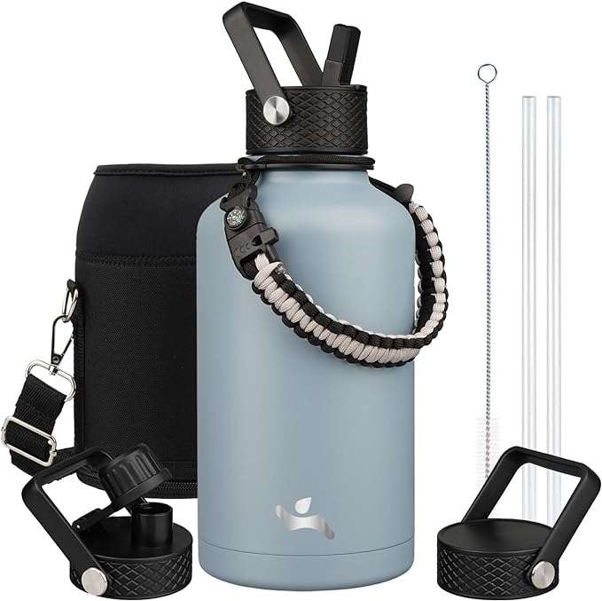 Half Gallon Insulated Water Bottle with Straw,64 oz 3 Lids Water Jug with Carrying Bag,Paracord Handle,Double Wall Vacuum Stainless Steel Metal Flask,Storm Blue