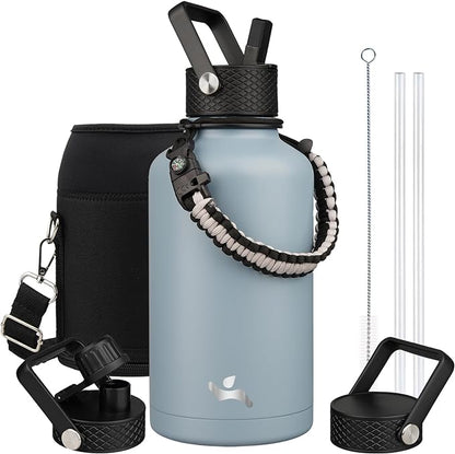 Half Gallon Insulated Water Bottle with Straw,64 oz 3 Lids Water Jug with Carrying Bag,Paracord Handle,Double Wall Vacuum Stainless Steel Metal Flask,Storm Blue