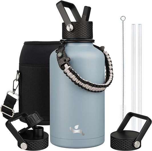 Half Gallon Insulated Water Bottle with Straw,64 oz 3 Lids Water Jug with Carrying Bag,Paracord Handle,Double Wall Vacuum Stainless Steel Metal Flask,Storm Blue