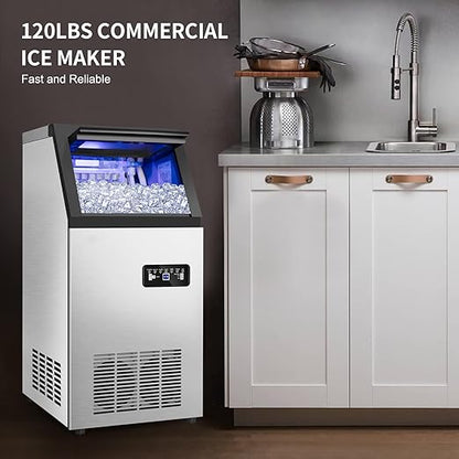 Commercial Ice Maker Machine 120Lbs/24H with 35Lbs Ice Capacity, 45Pcs Clear Ice Cubes Ready in 11-20Mins, Stainless Steel Under Counter Freestanding Large Ice Machine, 2 Water Inlet Modes