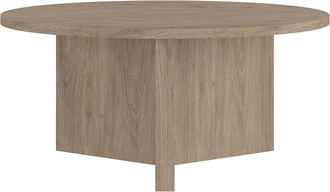 Henn&Hart 36" Round Wood Pedestal Coffee Table for Living Room, Family Room, Office, or Apartment, Antiqued Gray Oak