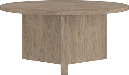 Henn&Hart 36" Round Wood Pedestal Coffee Table for Living Room, Family Room, Office, or Apartment, Antiqued Gray Oak