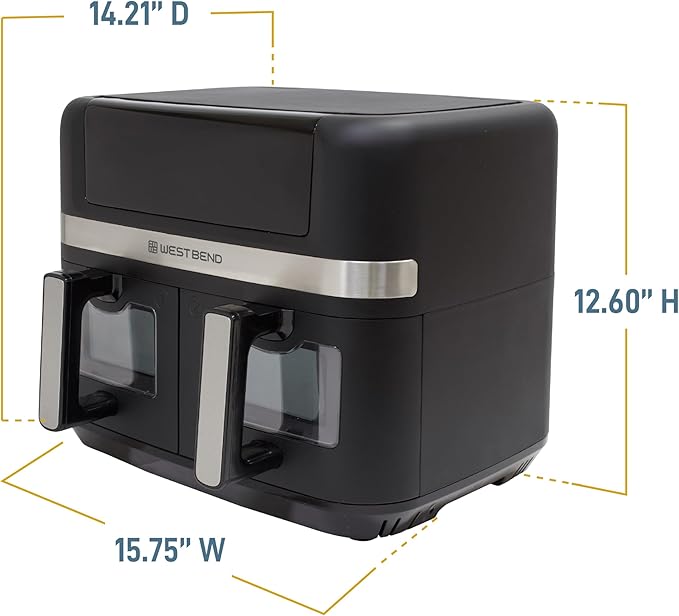 West Bend Double Up Air Fryer Dual Basket 10-Quart Capacity with Digital Controls View Windows and 15 Cooking Presets, Nonstick Frying Baskets, Dual-Zone Cooking, 1600-Watts, Black