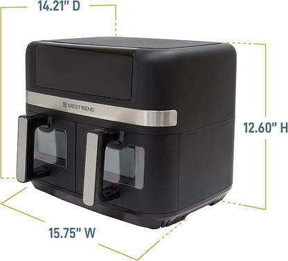 West Bend Double Up Air Fryer Dual Basket 10-Quart Capacity with Digital Controls View Windows and 15 Cooking Presets, Nonstick Frying Baskets, Dual-Zone Cooking, 1600-Watts, Black